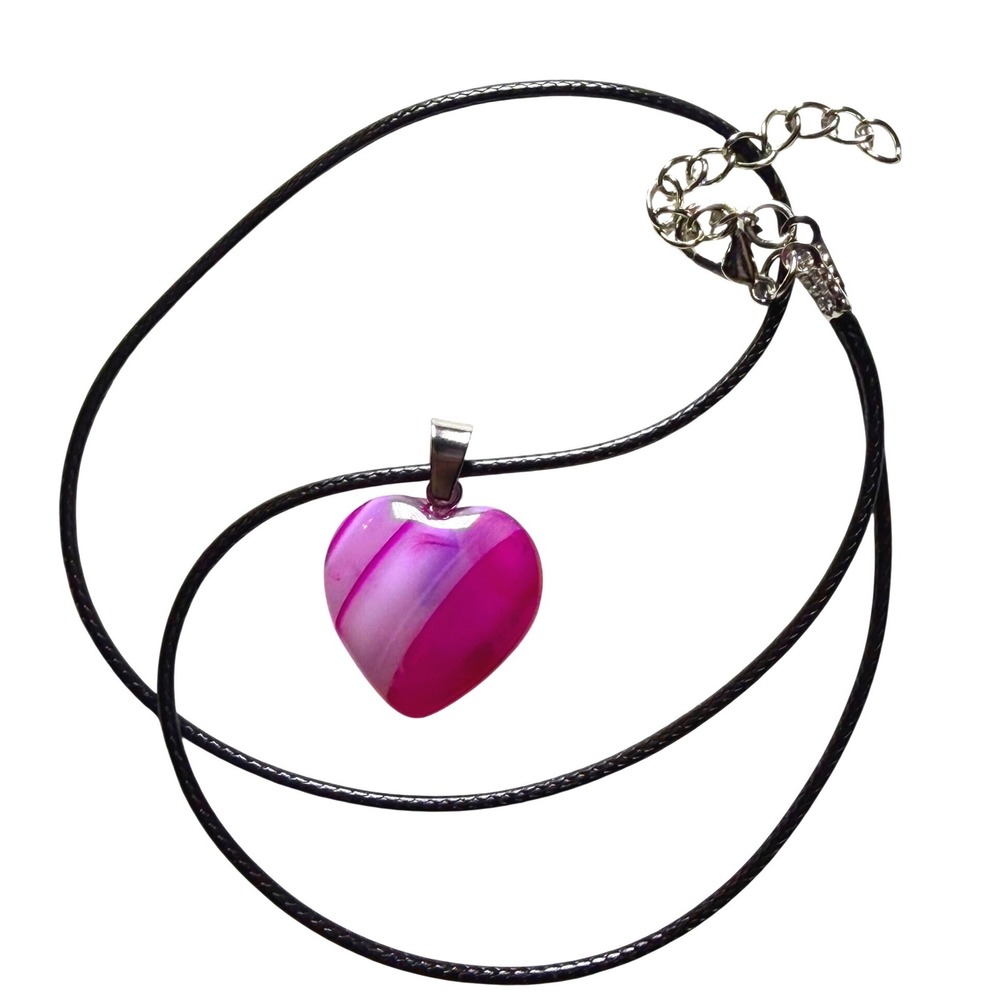 Pink Banded Agate Heart Pendant Necklace Black Cord Adjustable Fuchsia Striped
